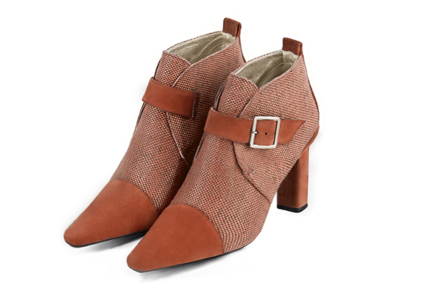 Terracotta orange women's ankle boots with buckles at the front. Tapered toe. High kitten heels. Front view - Florence KOOIJMAN